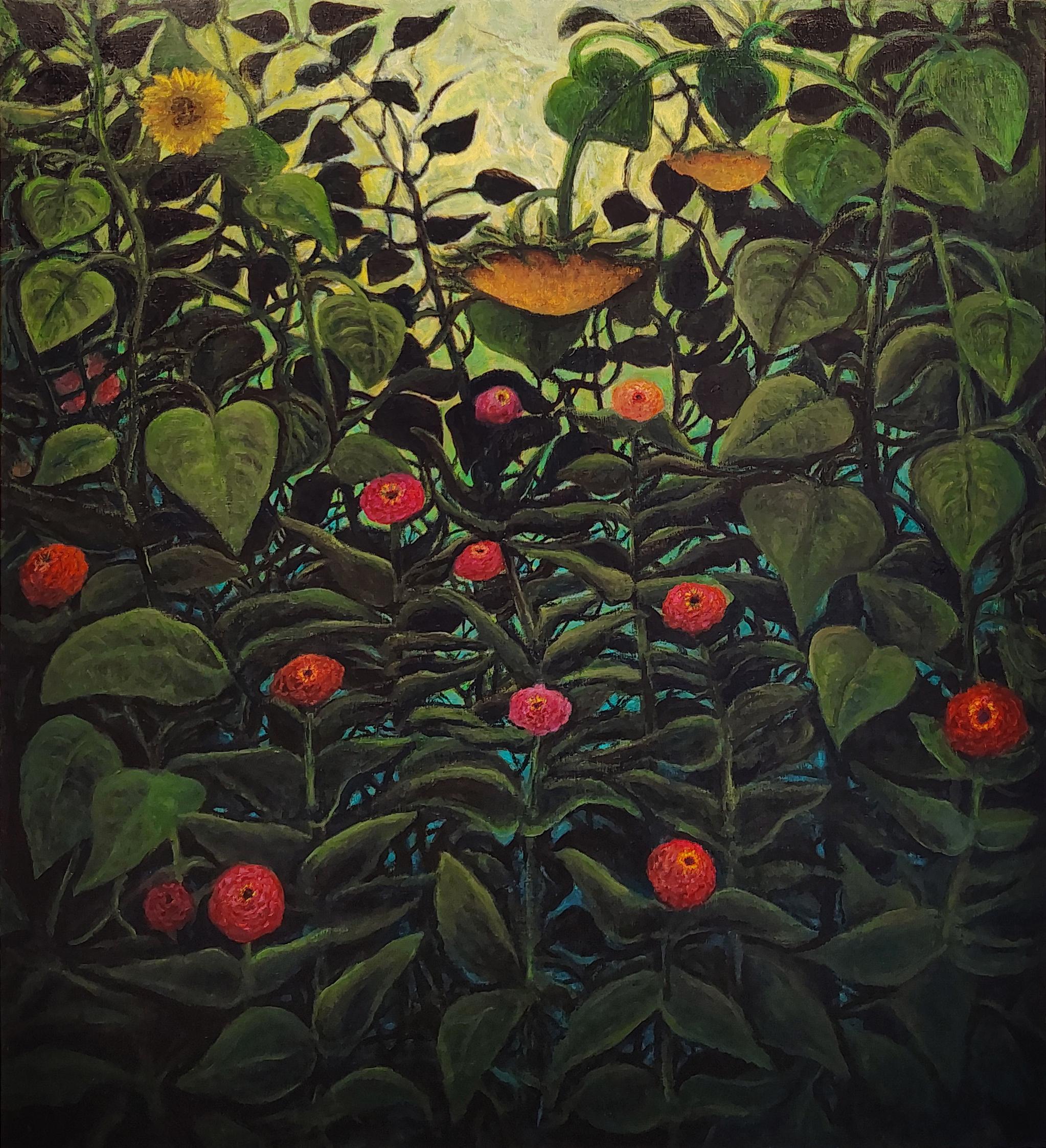 Evening Garden, Botanical Floral Painting, Sunflowers and Zinnias, 26.5 x 24 in