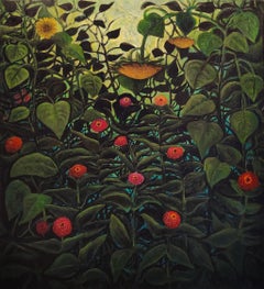 Giardino della sera, dipinto floreale botanico, girasoli e zinnie, 26,5 x 24 pollici