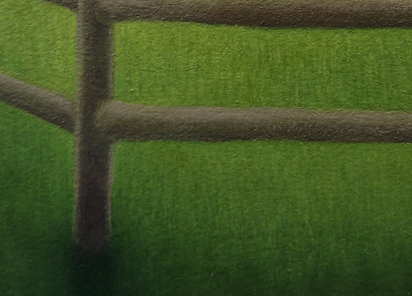 Retención,  Pintura surrealista de paisaje, Campo verde con valla, Arte pequeño en venta 5