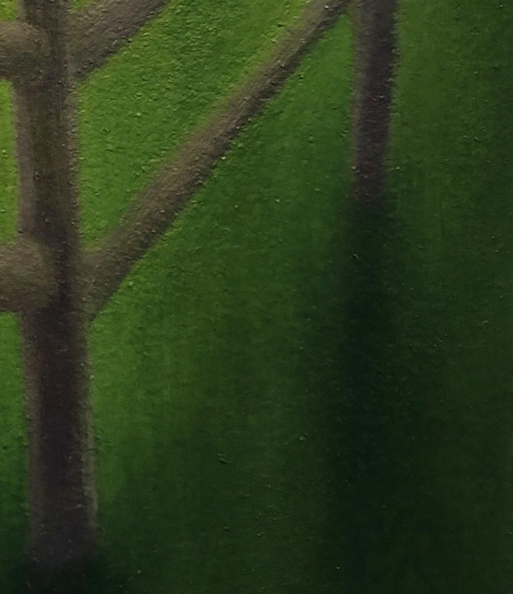 Retención,  Pintura surrealista de paisaje, Campo verde con valla, Arte pequeño en venta 6