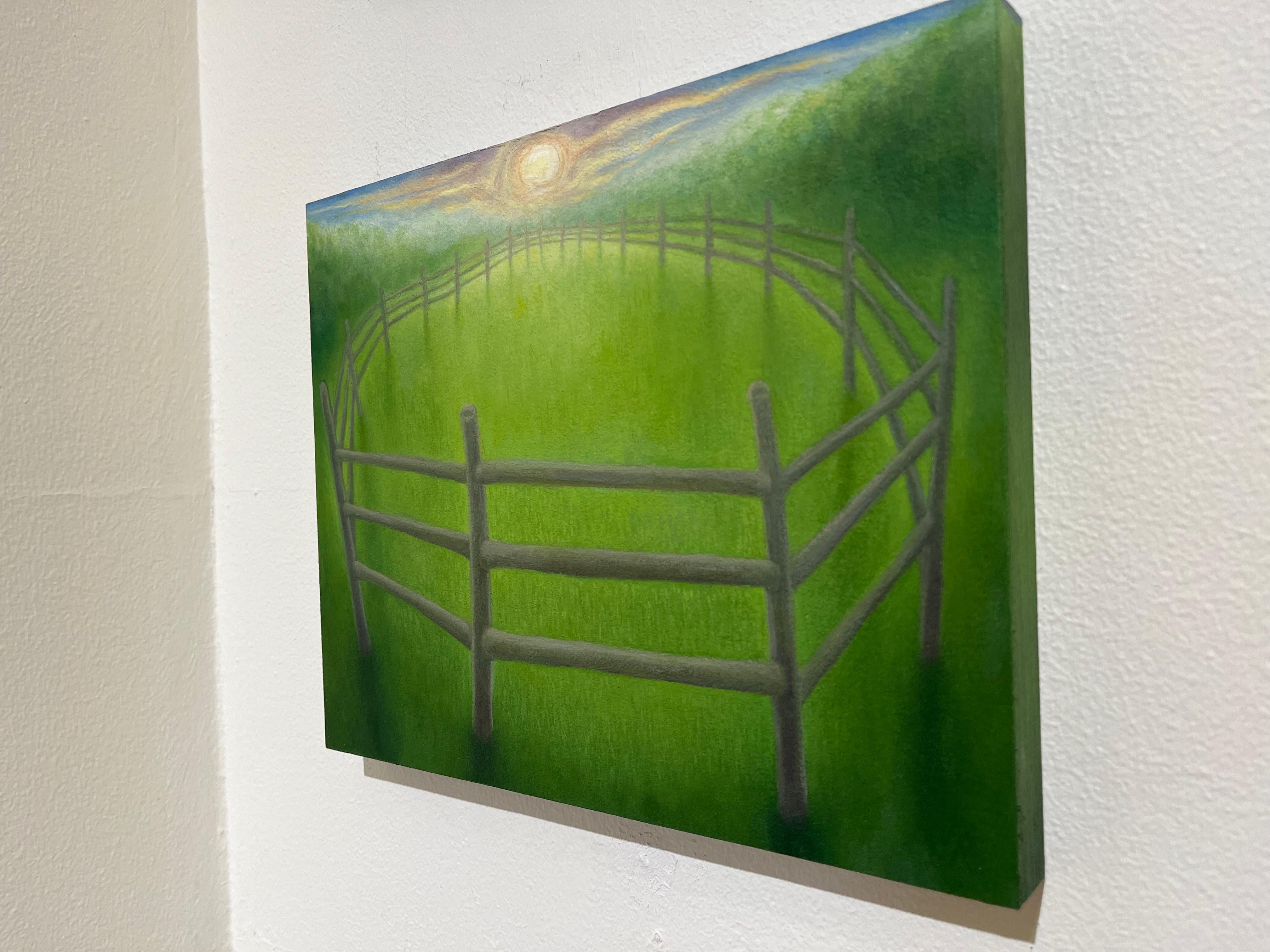 Retención,  Pintura surrealista de paisaje, Campo verde con valla, Arte pequeño en venta 9