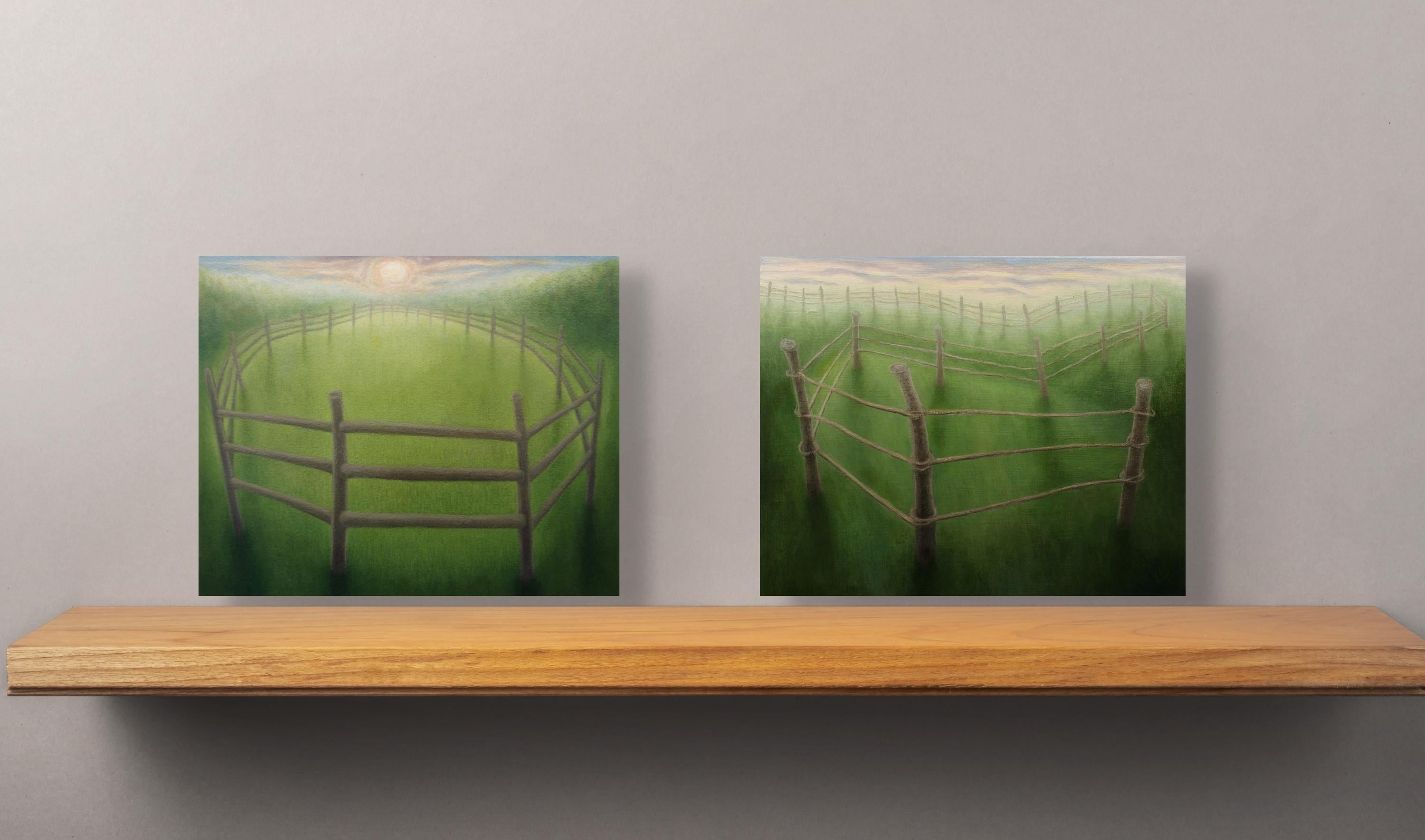 Retención,  Pintura surrealista de paisaje, Campo verde con valla, Arte pequeño - Painting de Laura Von Rosk