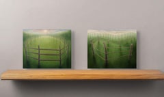 Holding,  Surreal Landscape Painting, Green Field with Fence, Small Art