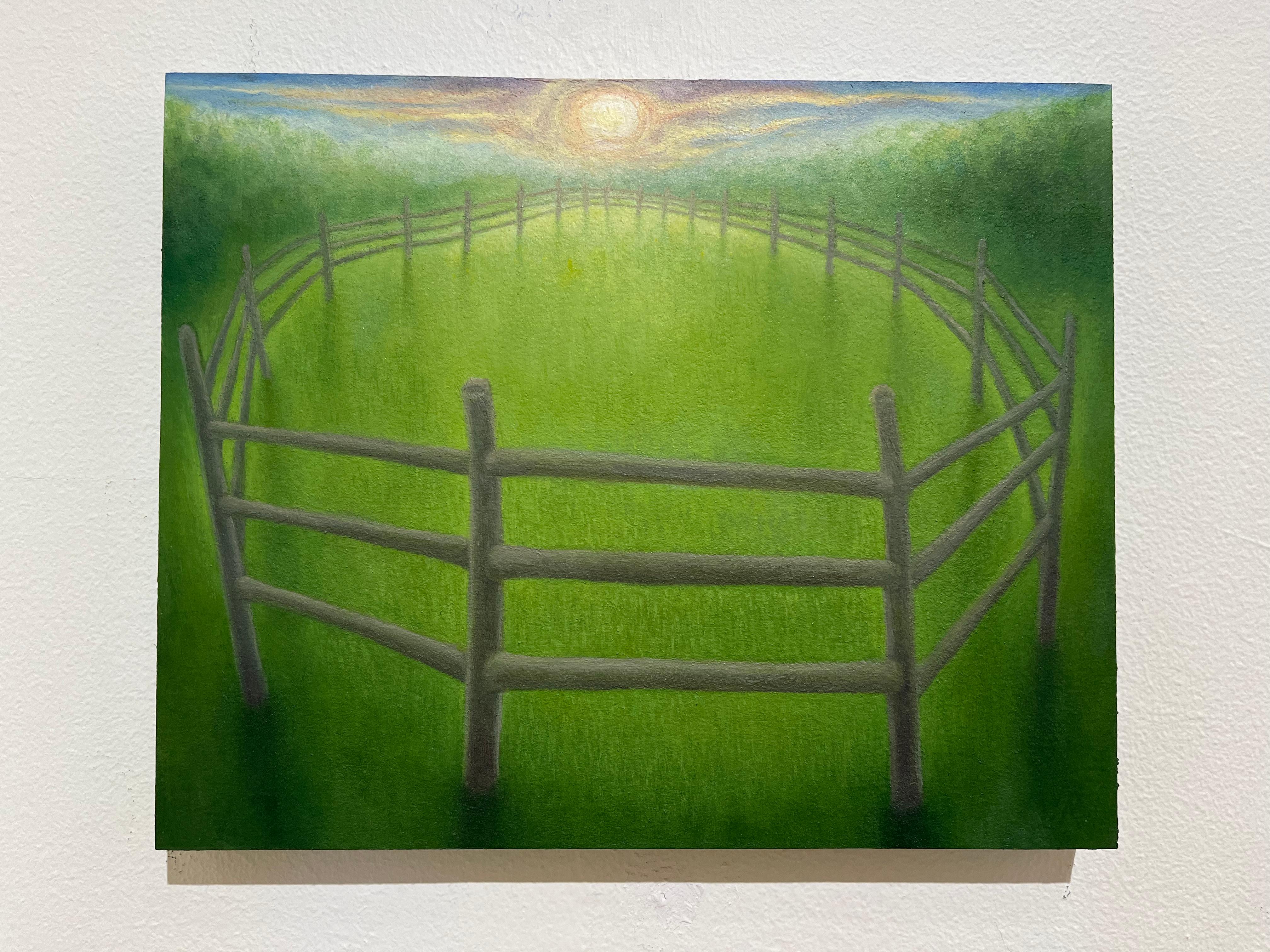 Retención,  Pintura surrealista de paisaje, Campo verde con valla, Arte pequeño - Landscape Painting Marrón de Laura Von Rosk