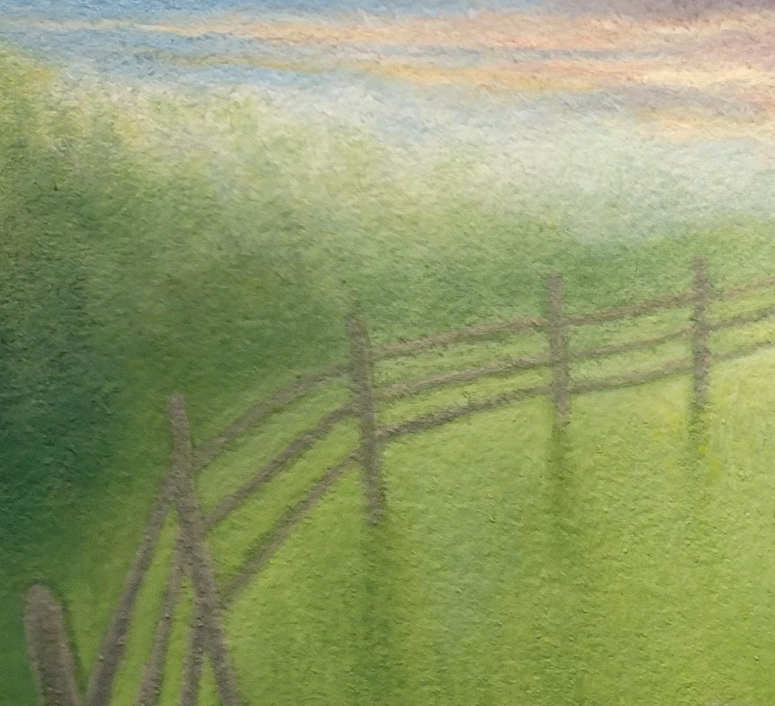 Retención,  Pintura surrealista de paisaje, Campo verde con valla, Arte pequeño en venta 1