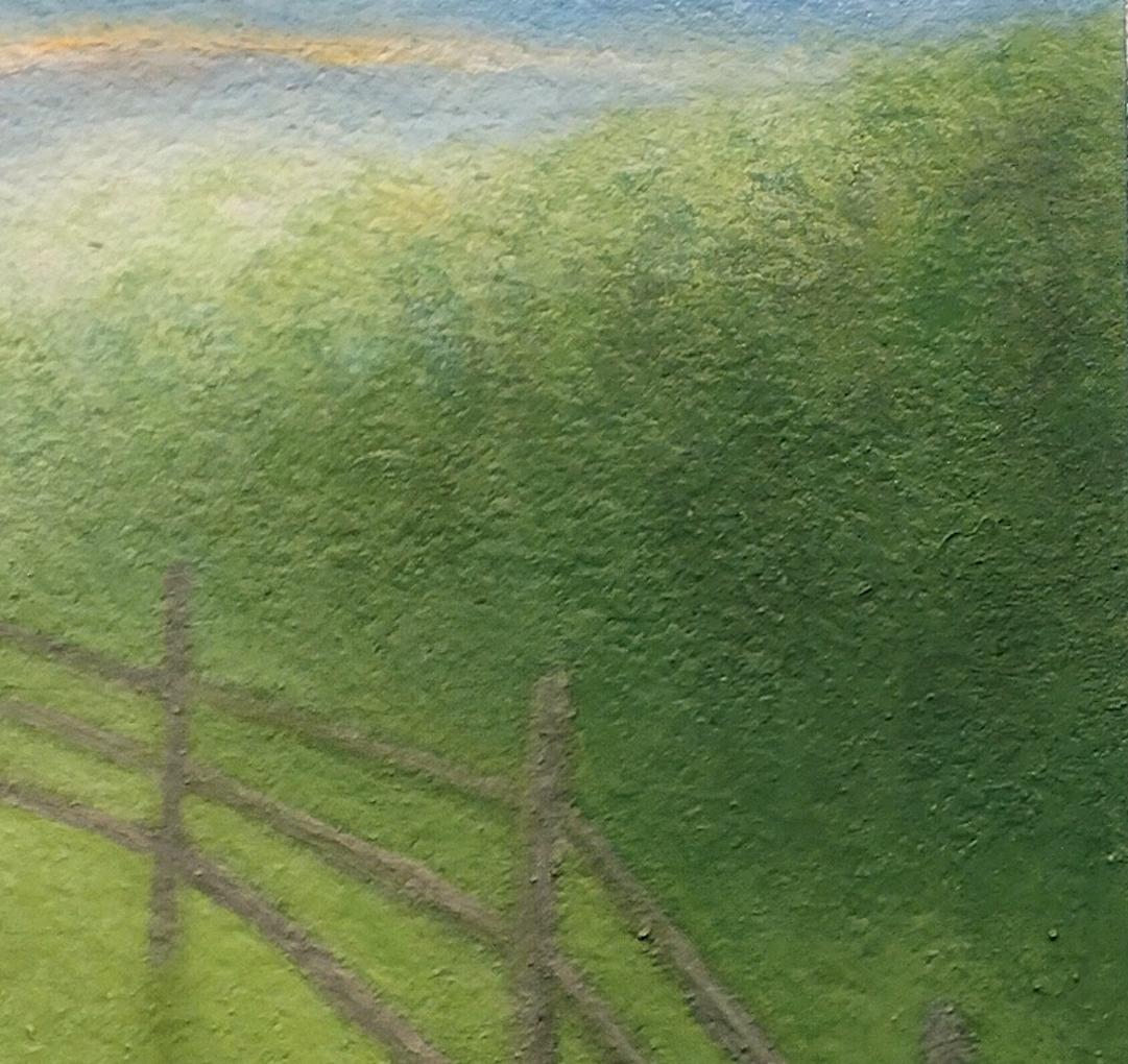 Retención,  Pintura surrealista de paisaje, Campo verde con valla, Arte pequeño en venta 2