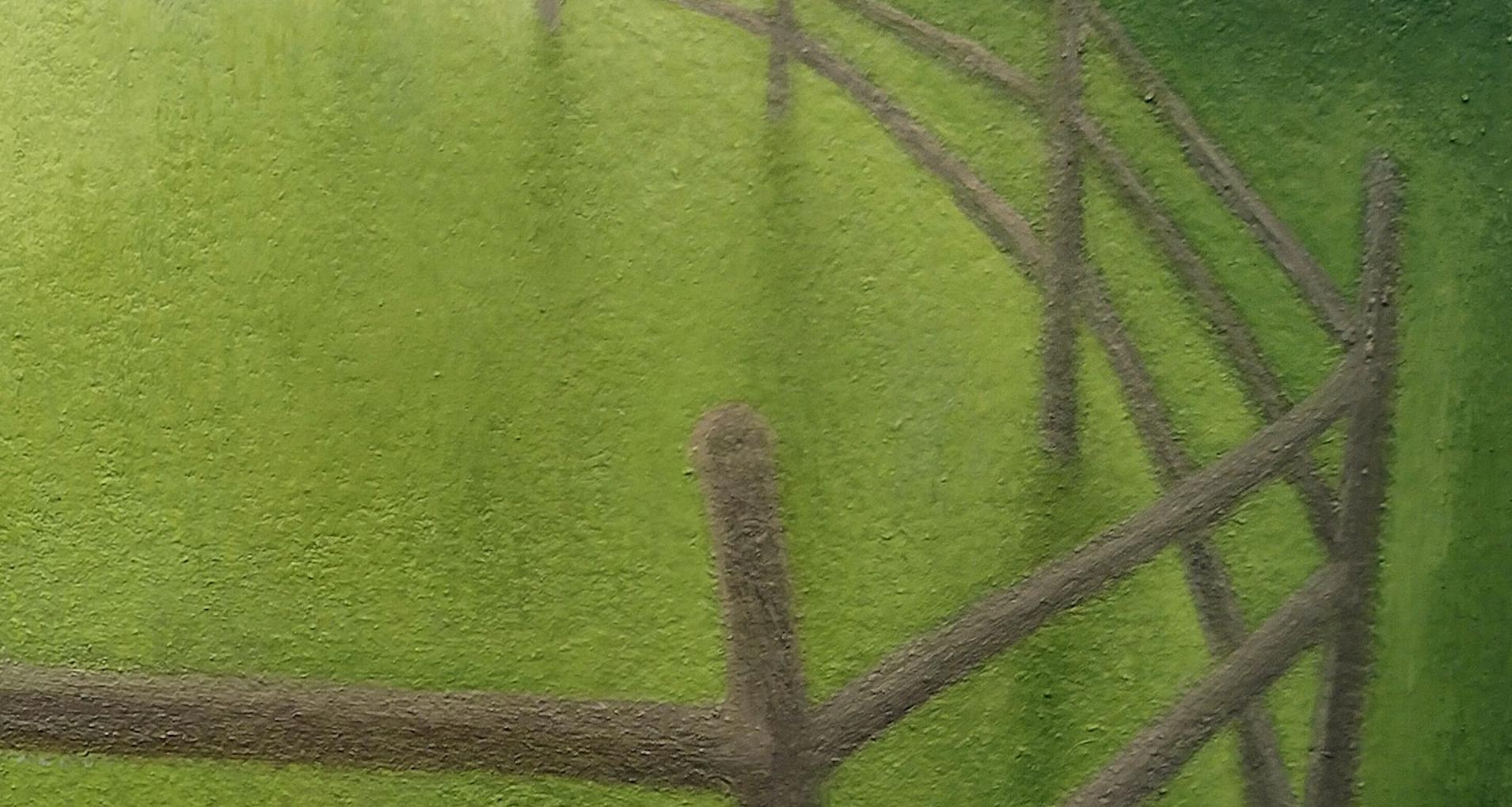 Retención,  Pintura surrealista de paisaje, Campo verde con valla, Arte pequeño en venta 3