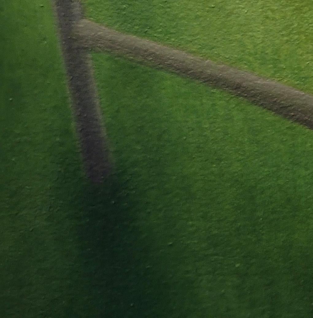 Retención,  Pintura surrealista de paisaje, Campo verde con valla, Arte pequeño en venta 4