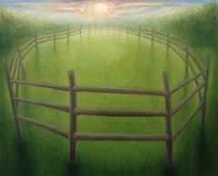 Halten,  Surreales Landschaftsgemälde, Grünes Feld mit Zaun, kleine Kunst