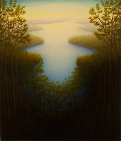 Lake Through Trees - surreal imagined landscape original real artwork oil small