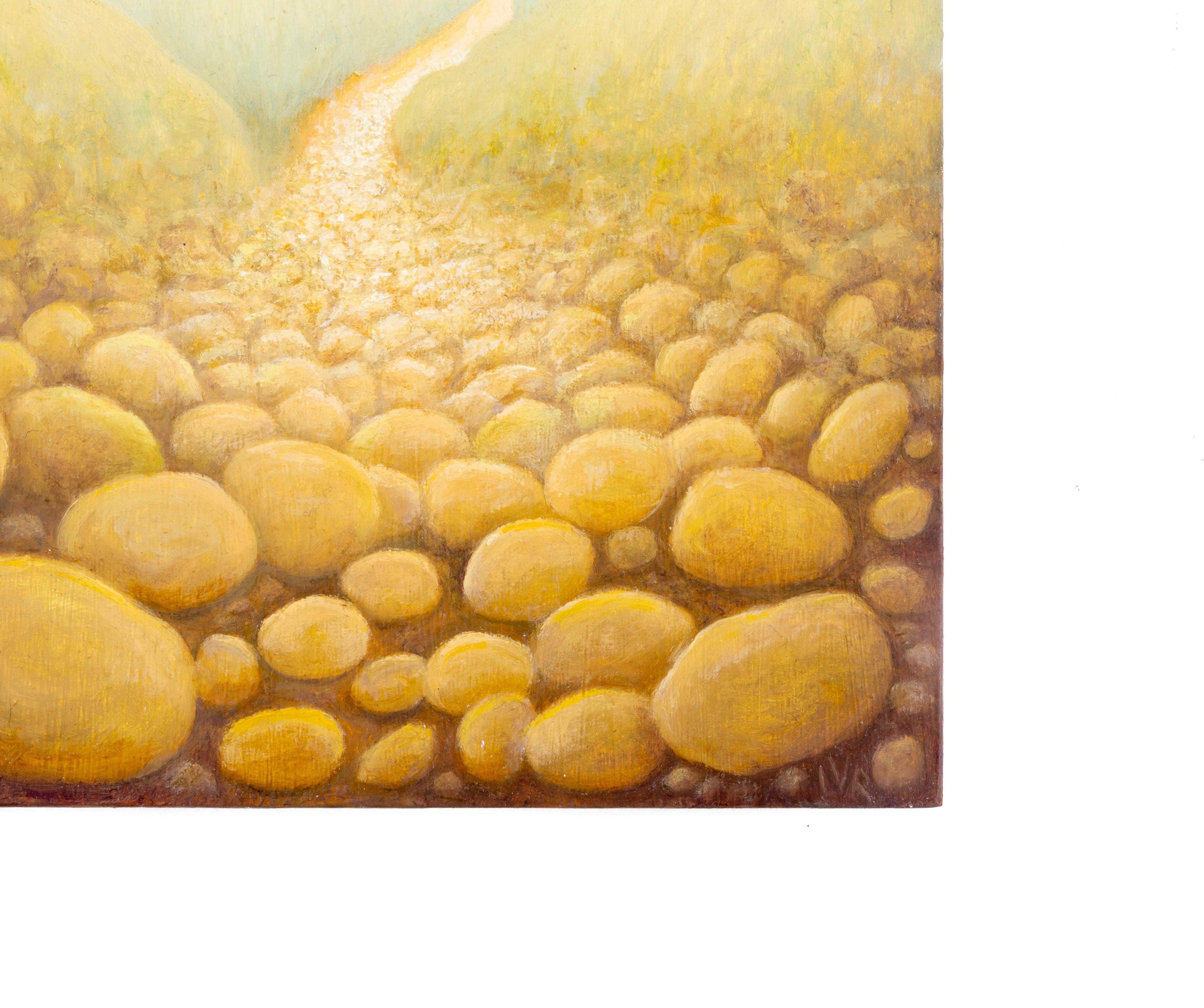 Small, intimate landscape painting of a rocky trail on a mountains with yellow and golden earth tones 
Rocky Path, painted by Laura Von Rosk in 2021
8 x 8 x 1 inches, oil on wood 
Currently unframed, the painting continues unto the sides so framing