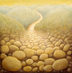 Rocky Path (Small Landscape Painting of a Golden Trail in the Mountains)