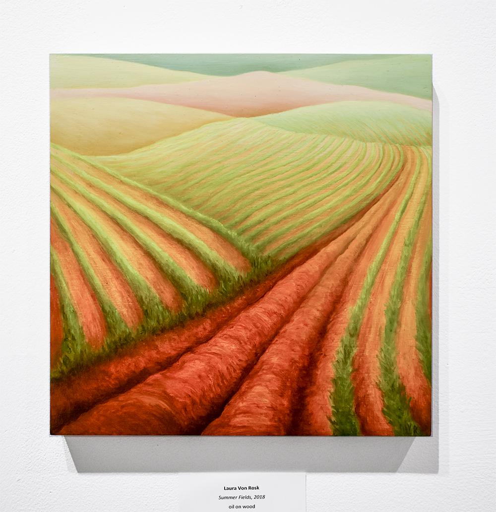 Campos de verano (Mini contemporáneo)  Paisaje de campos de cultivo sobre panel) - Painting Contemporáneo de Laura Von Rosk
