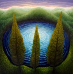 Three Cedars - surrealism imagined landscape original realism artwork oil small