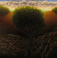 Tree in Rocks - surrealist imagined landscape original realism artwork oil small