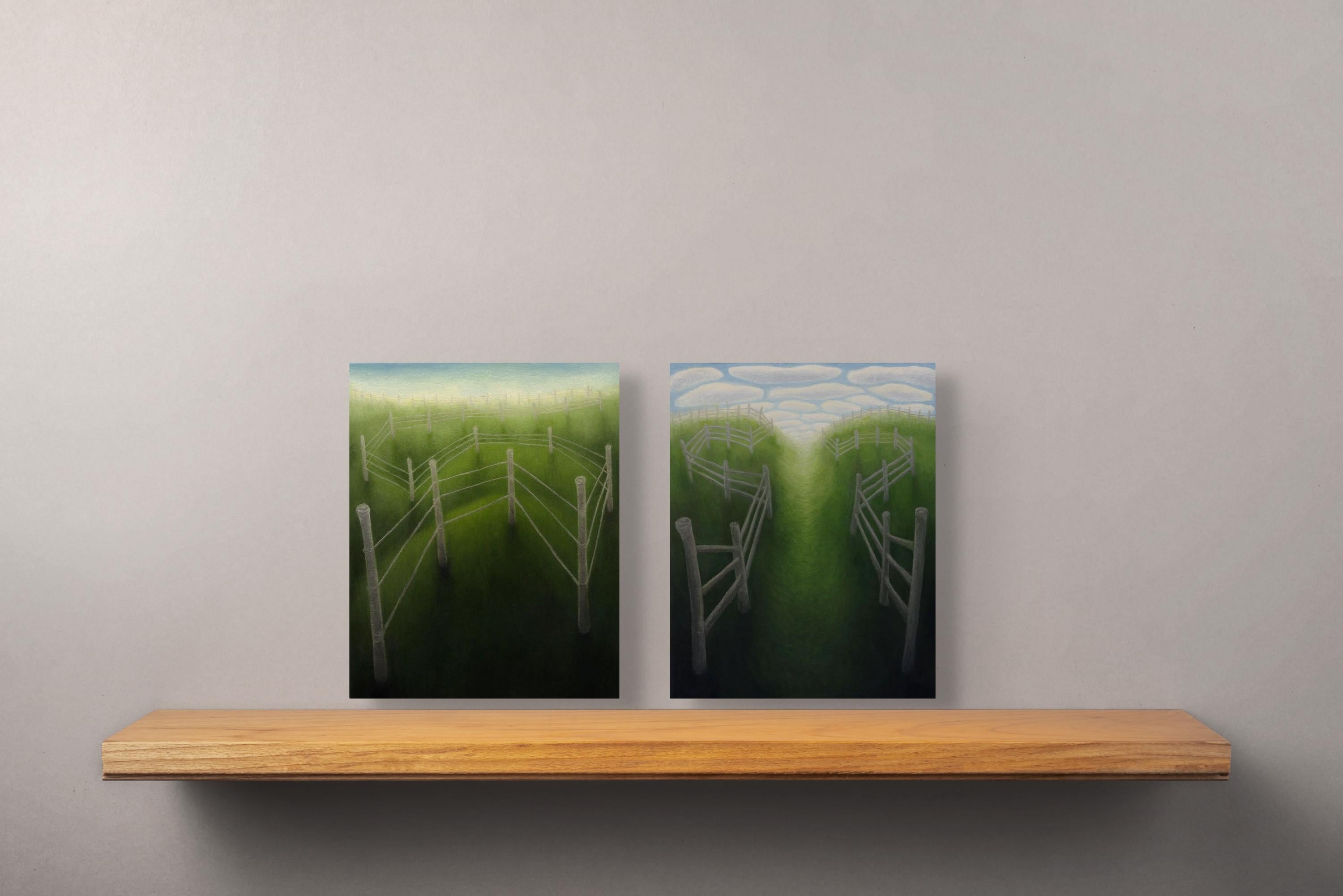 Sich entspannende, surreale grüne pastorale Contemporary American Realist Landscape – Painting von Laura Von Rosk