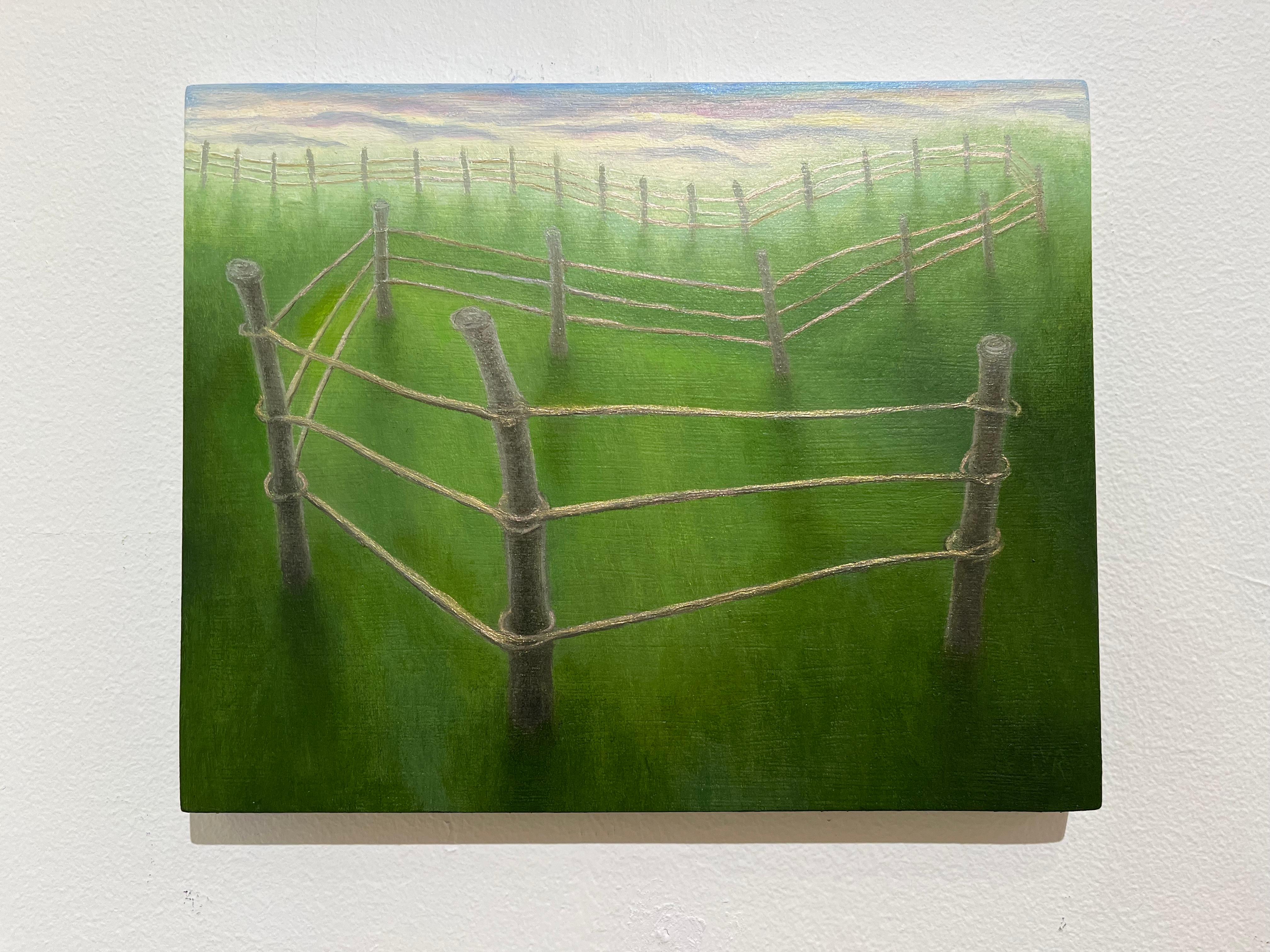 Up & Up, Paesaggio surreale con recinzione tortuosa e campo erboso verde - Figurative Painting Verde di Laura Von Rosk