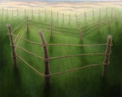 Wind Up, Paisaje Surrealista con Valla Retorcida y Verde Campo de Hierba