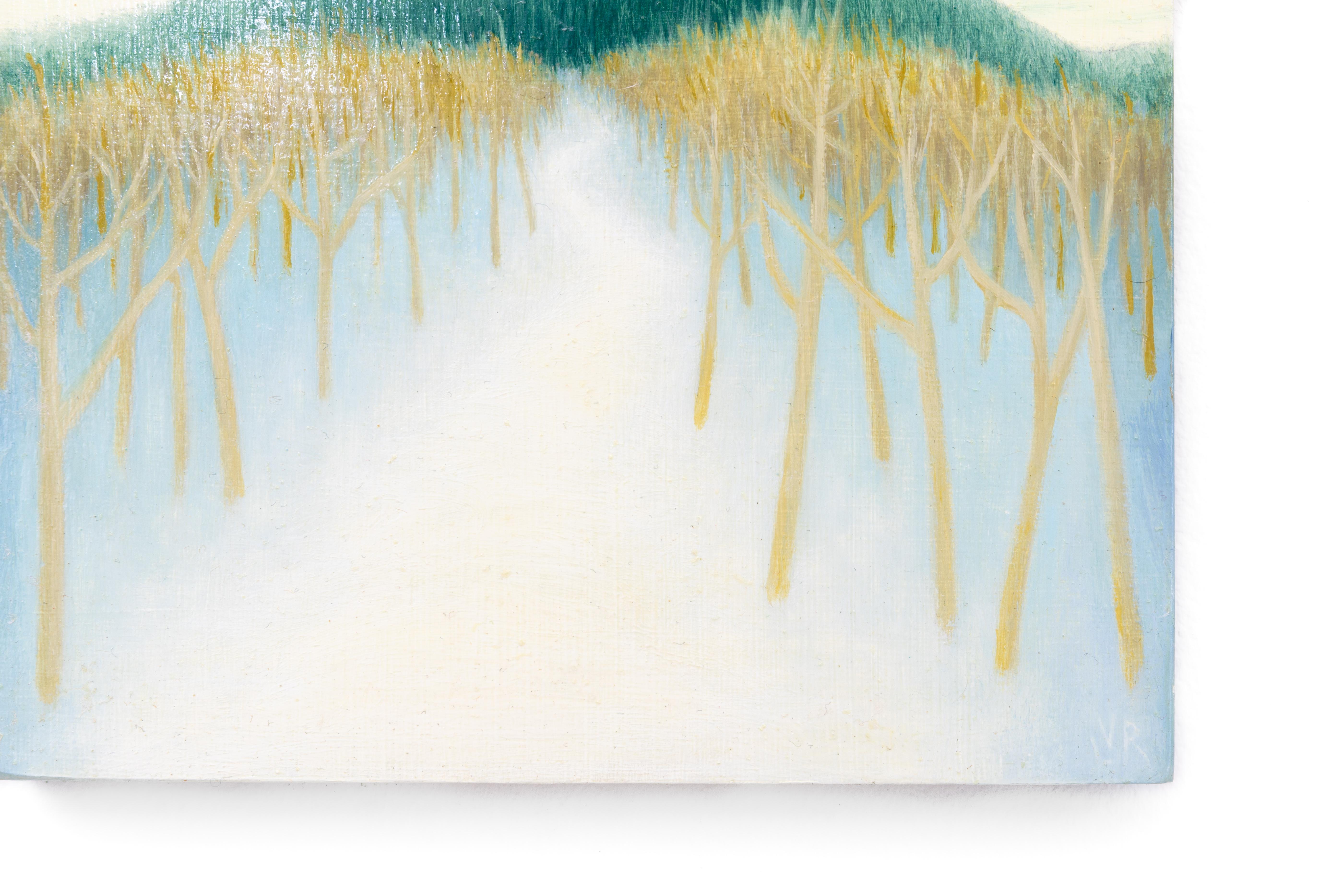 Small, intimate landscape painting of a snow filled trail leading to the green mountain under a mint green sky
'Winter 1', painted by Laura Von Rosk in 2021
8 x 8 x 1 inches, oil on wood 
Currently unframed, the painting continues unto the sides so