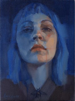 Blaues blaues Porträtstudien-Ölgemälde „Face Time 2“