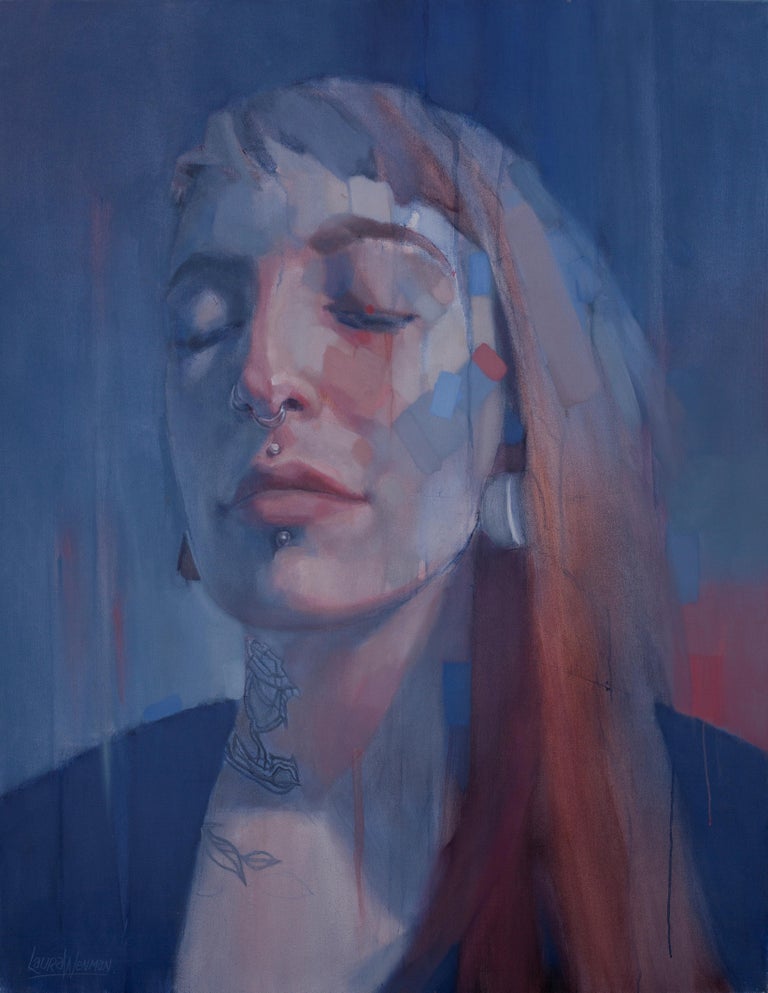 Laura Wenman Figurative Painting - Large Blue Portrait Study Oil Painting "Basking in the Glow"