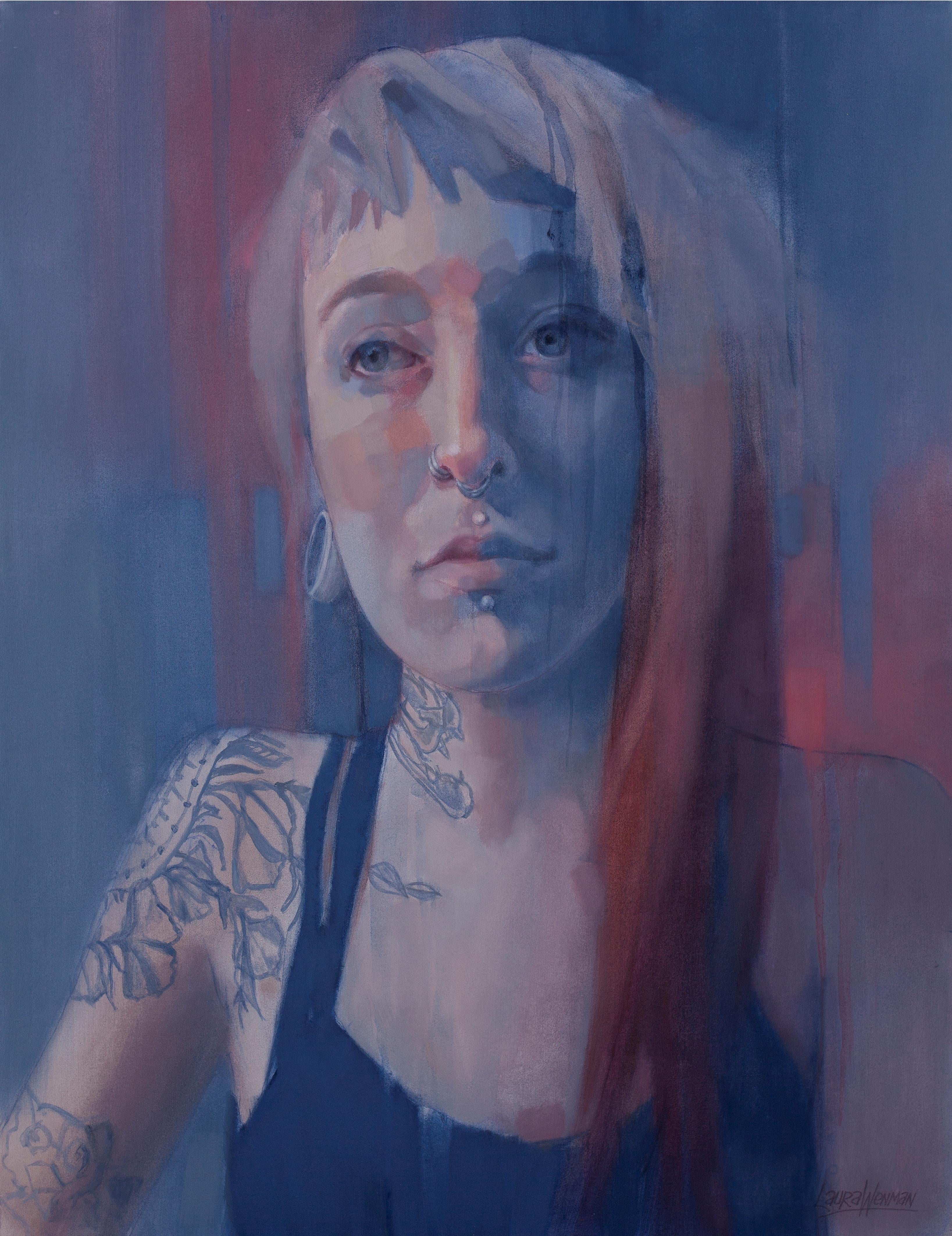 Laura Wenman Portrait Painting - Large Blue Portrait Study Oil Painting "Embracing the Moment"