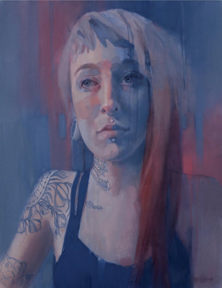 Laura Wenman Portrait Painting - Large Blue Portrait Study Oil Painting "Embracing the Moment"