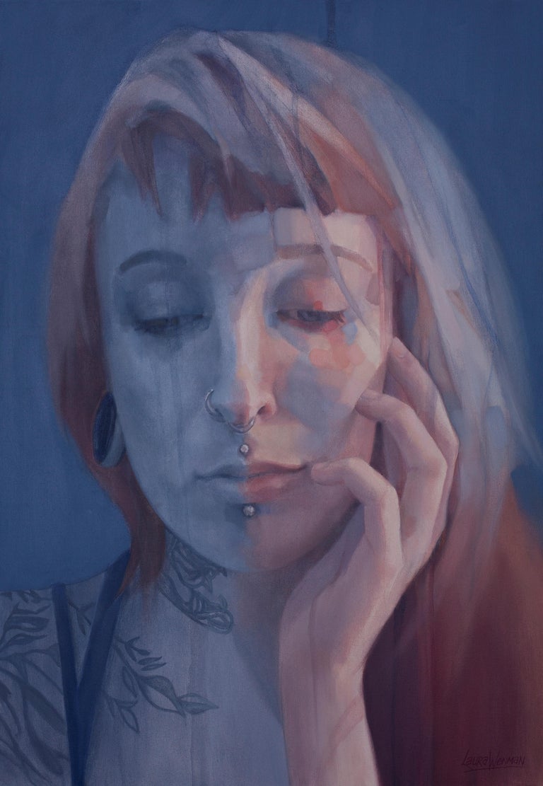 Laura Wenman Figurative Painting - Large Blue Portrait Study Oil Painting "Answering My Calling"