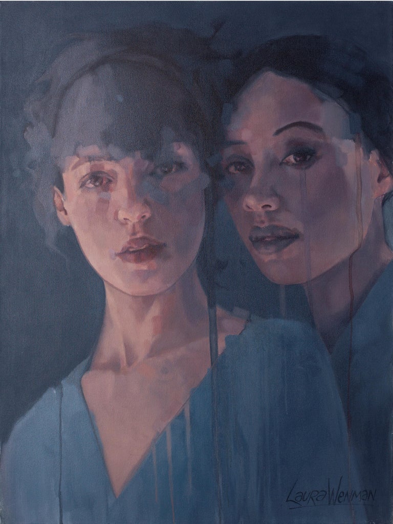 Laura Wenman Portrait Painting - Large Blue Portrait Study Oil Painting "Indigo Girls"