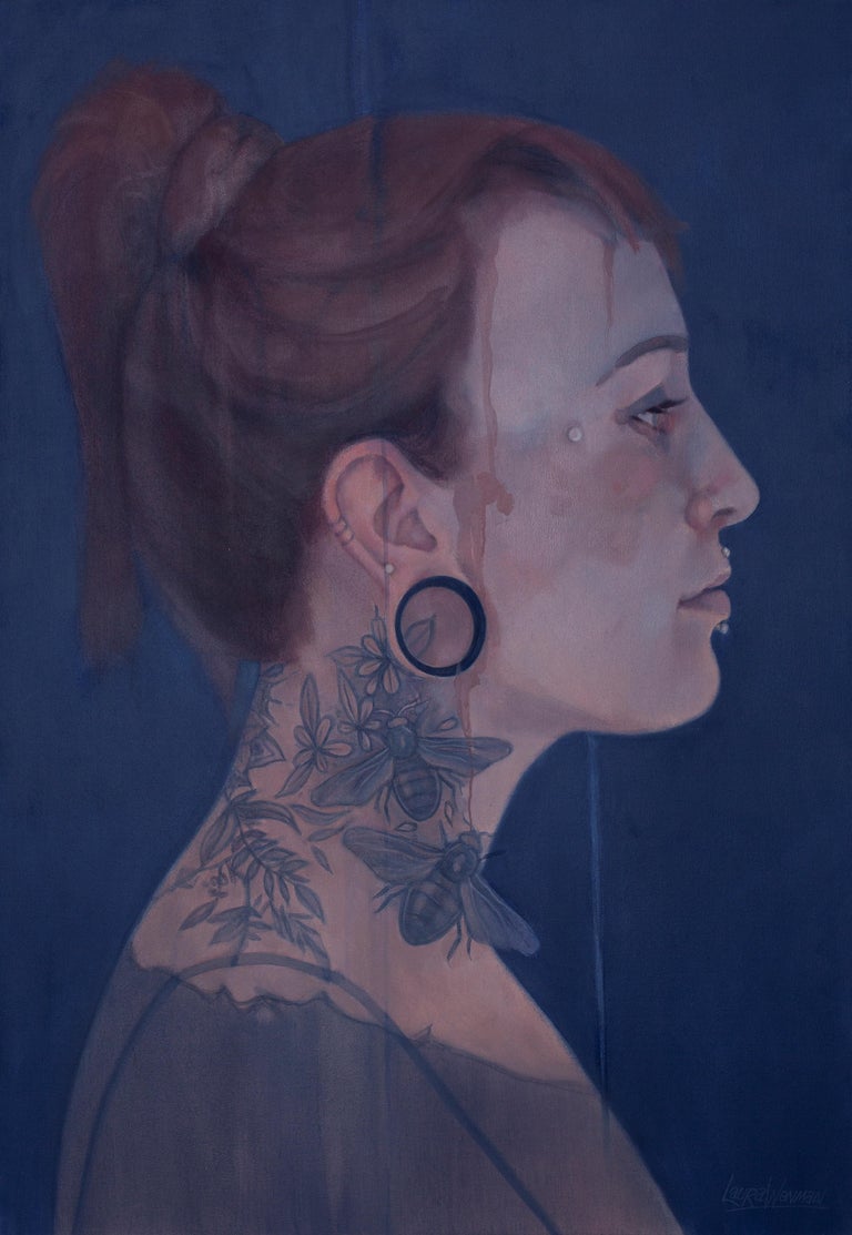 Laura Wenman Figurative Painting - Large Blue Portrait Study Oil Painting "Looking Forward"