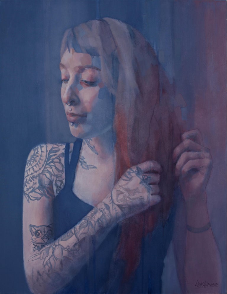 Laura Wenman Portrait Painting - Large Blue Portrait Study Oil Painting "Me Time"