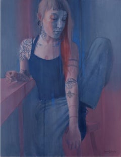 Large Blue Portrait Study Oil Painting "My Devine Right to Stretch"