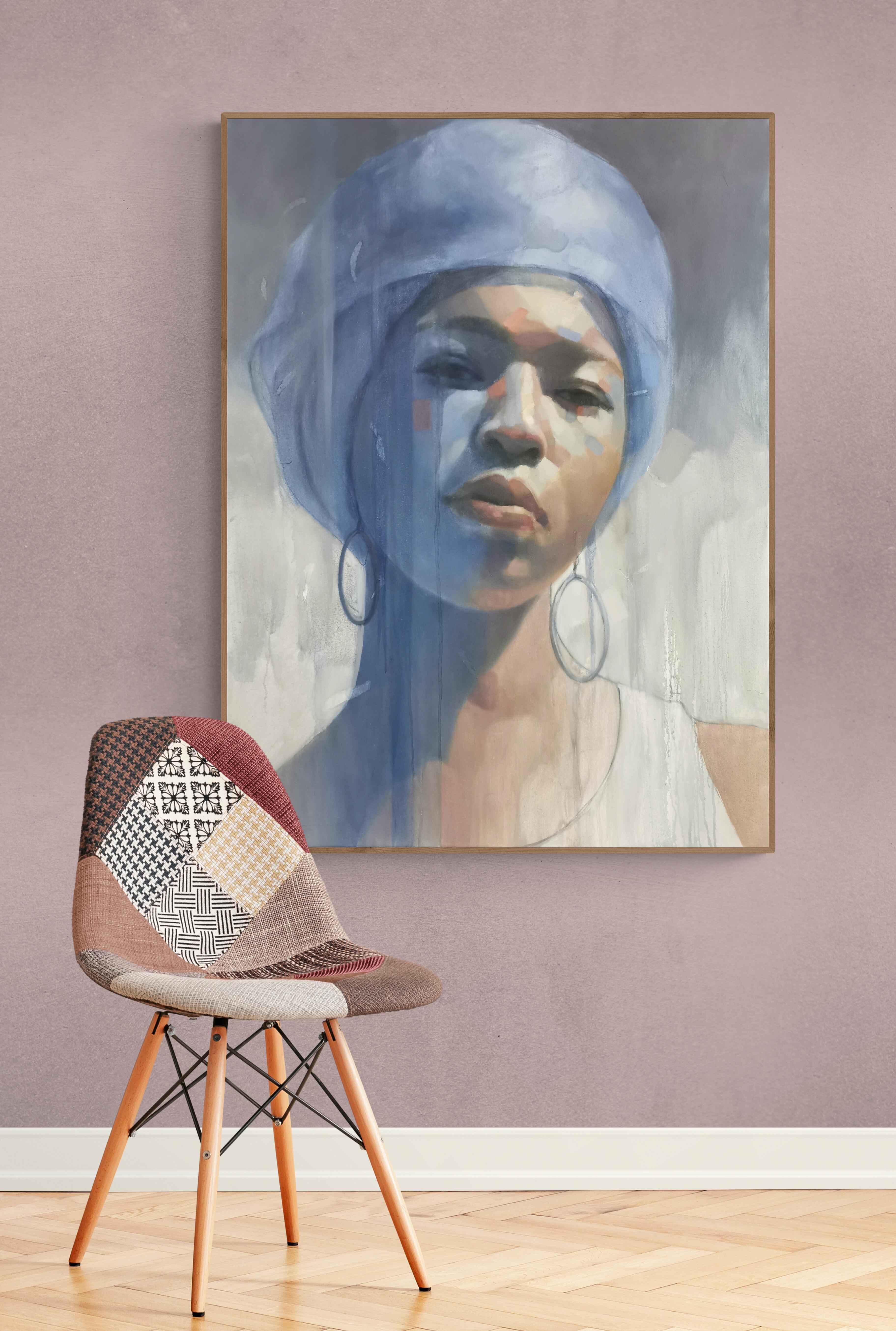 Grande peinture à l'huile d'étude de portrait bleu « You Glow Girl » (You Glow Girl) - Painting de Laura Wenman