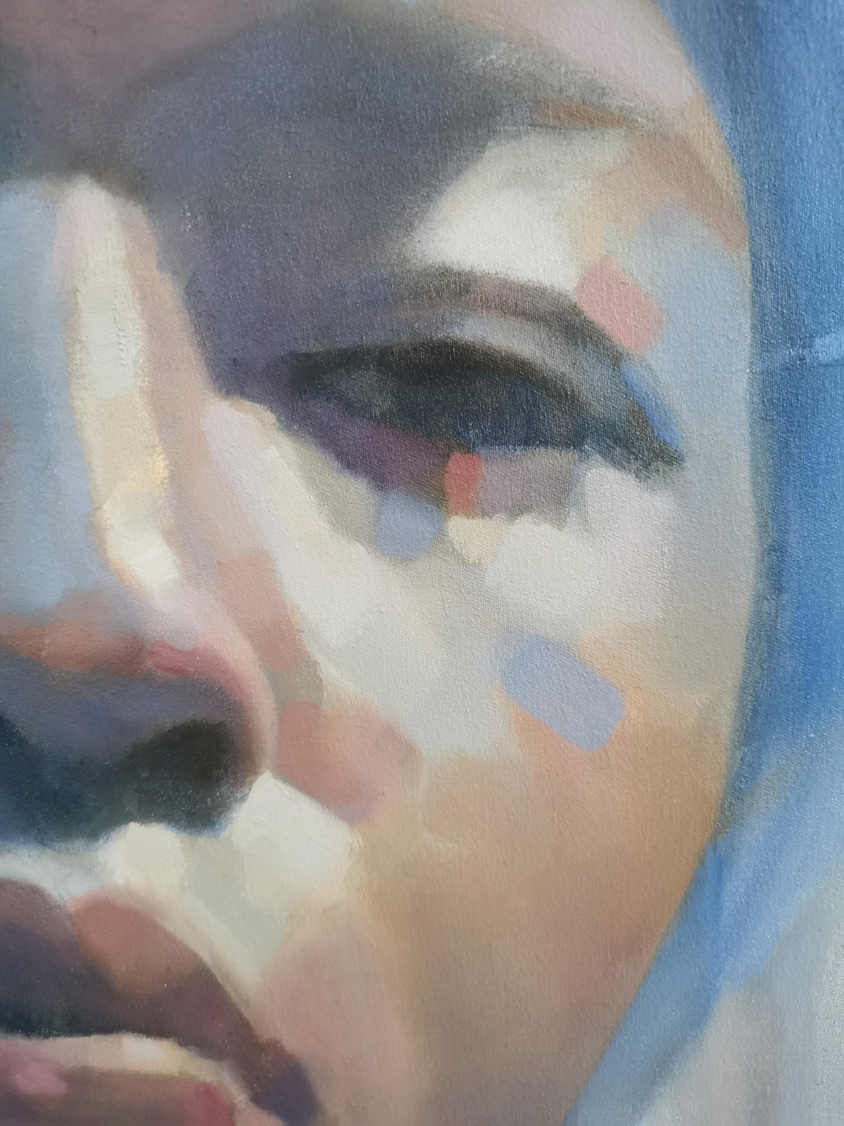 Grande peinture à l'huile d'étude de portrait bleu « You Glow Girl » (You Glow Girl) - Gris Portrait Painting par Laura Wenman