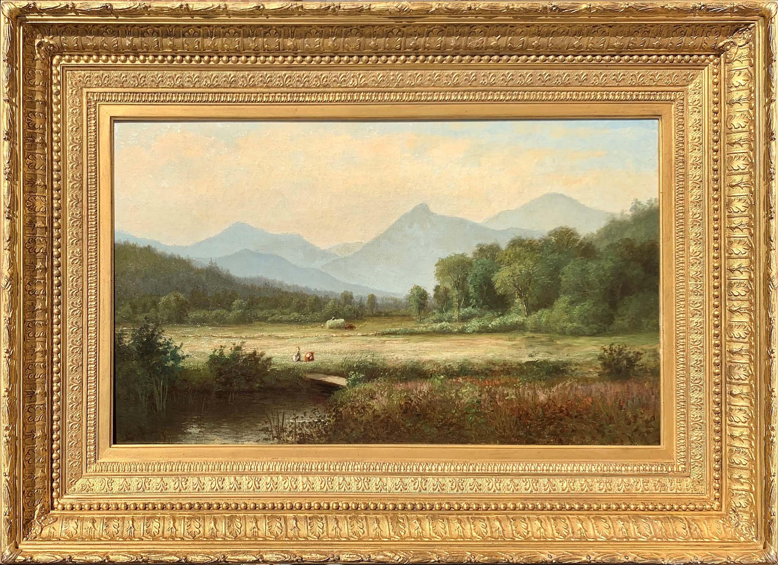 Das von der Hudson River School-Künstlerin Laura Woodward (1834-1926) gemalte Gemälde "Camel's Hump, Vermont" (1877) ist in Öl auf Leinwand gemalt und misst 14 x 24 Zoll. Es ist unten links signiert und datiert. Das Werk ist in einem eleganten und