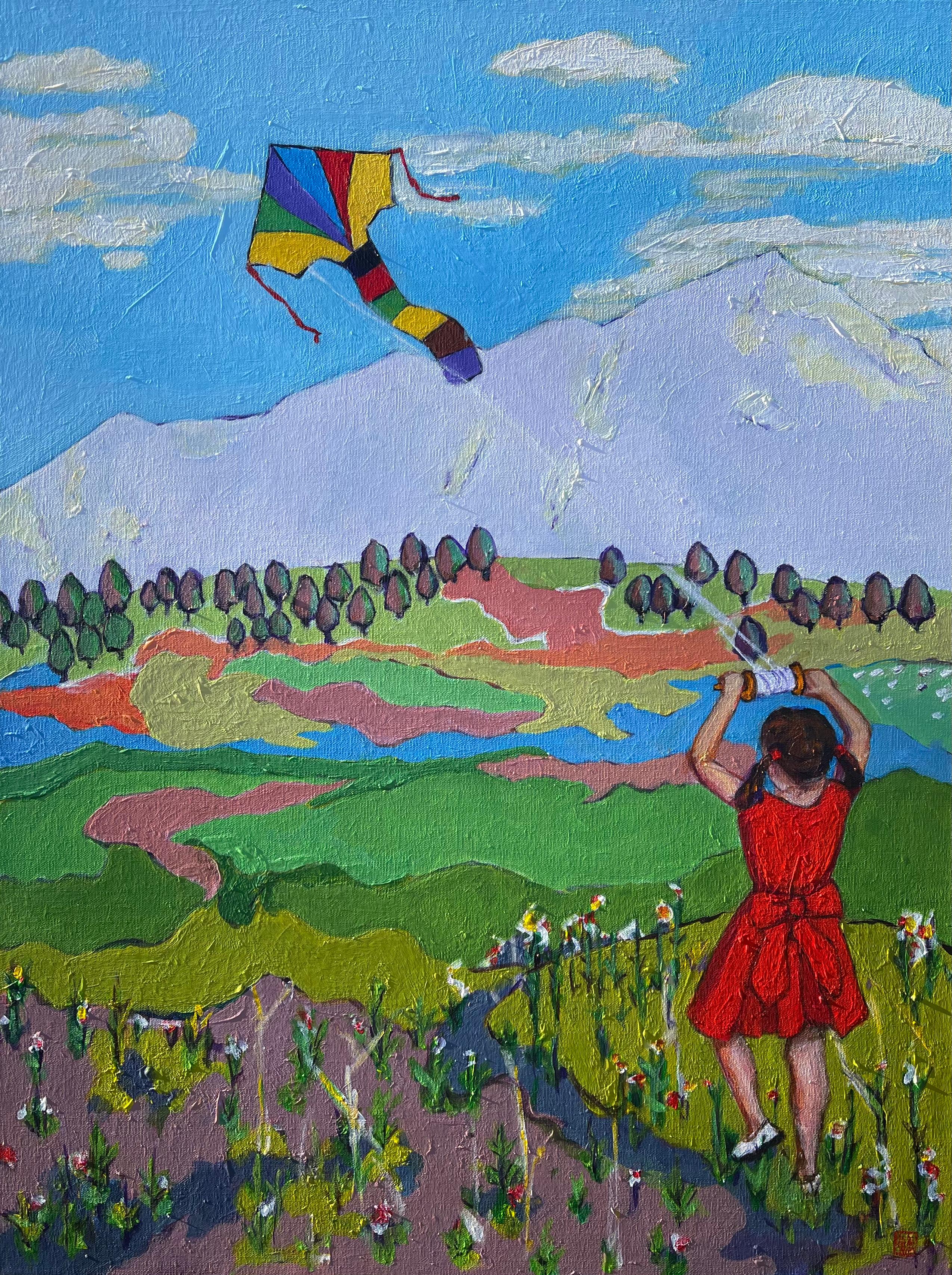Laura (Yi Zhen) Chen Figurative Painting - Girl Flying a Kite, Original Painting
