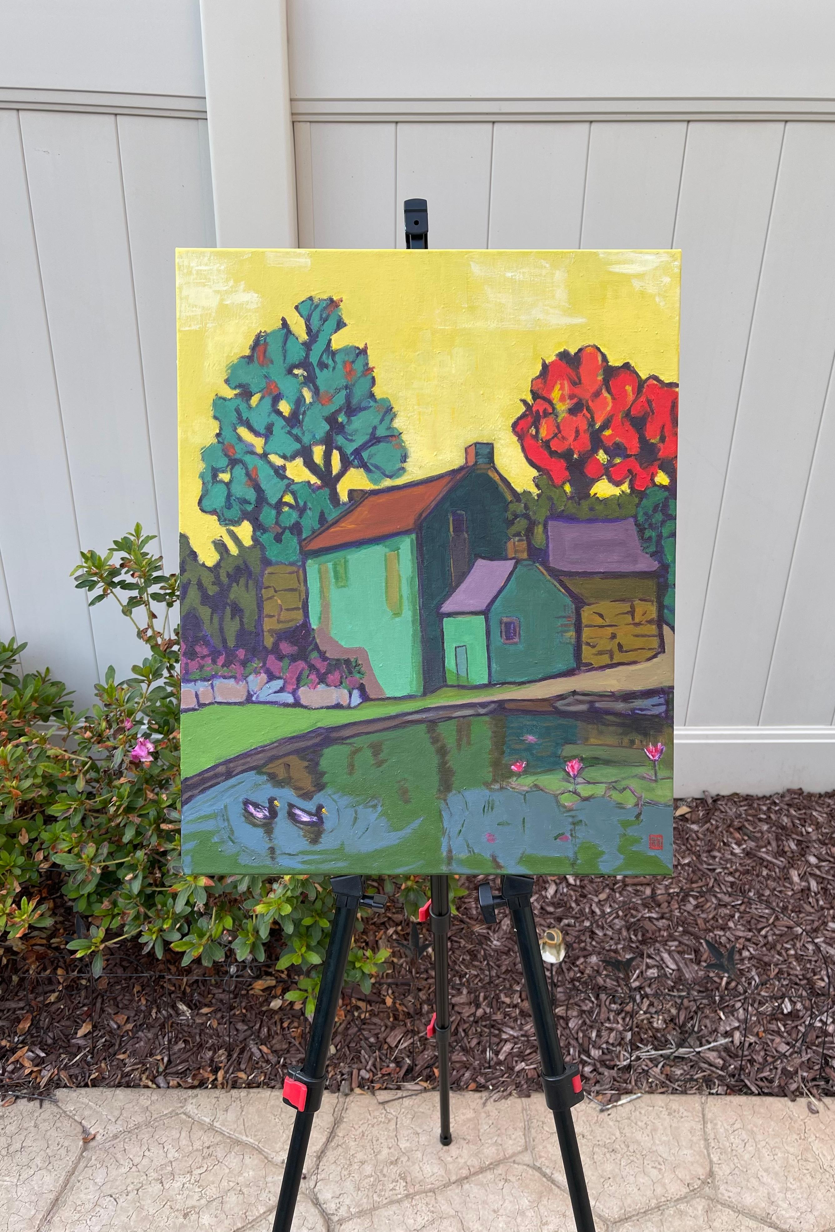 <p>Commenti dell'artista<br />Una casa sul lago si erge serenamente mentre il sole scende sotto l'orizzonte, la sua sagoma si staglia dolcemente contro il cielo luminoso. Le ninfee galleggiano dolcemente sull'acqua, con i loro petali delicati che