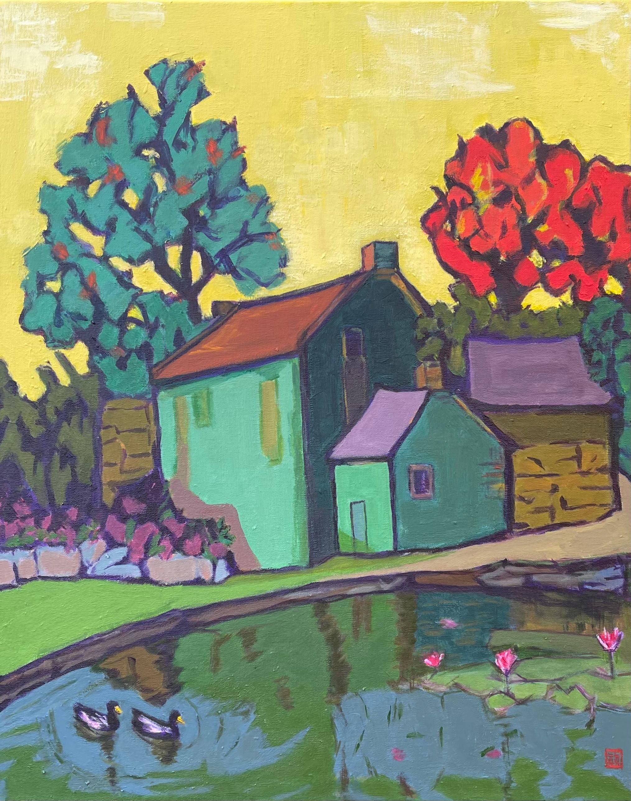 Casa sul lago al tramonto, dipinto originale - Art di Laura (Yi Zhen) Chen