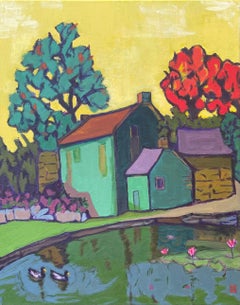 Lake House at Dusk, Original Painting