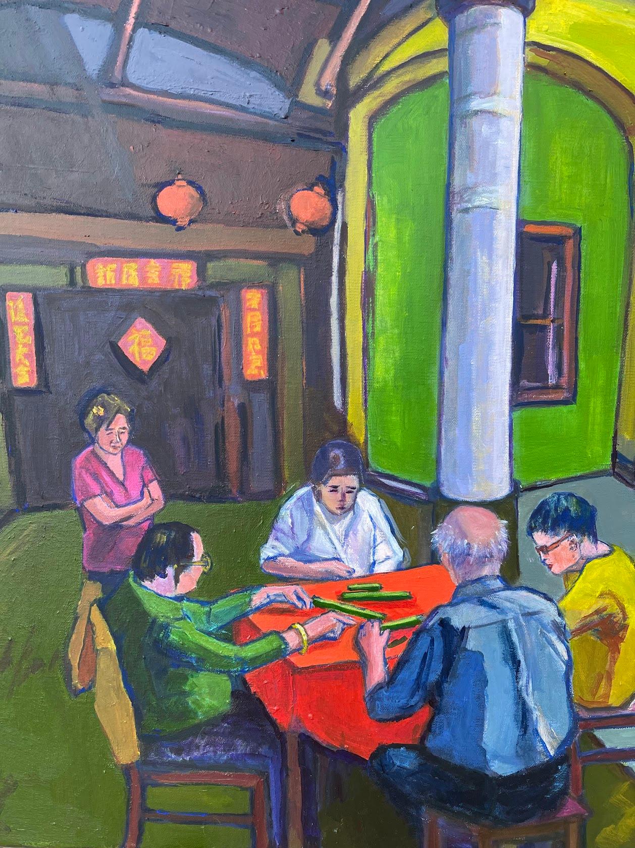 <p>Artist Comments<br>In a neighborhood building, old friends huddle around a worn table to play mahjong. Their eyes are focused on the tiles, thinking of the best strategy to win the game. The soft light from an open area casts gentle shadows onto