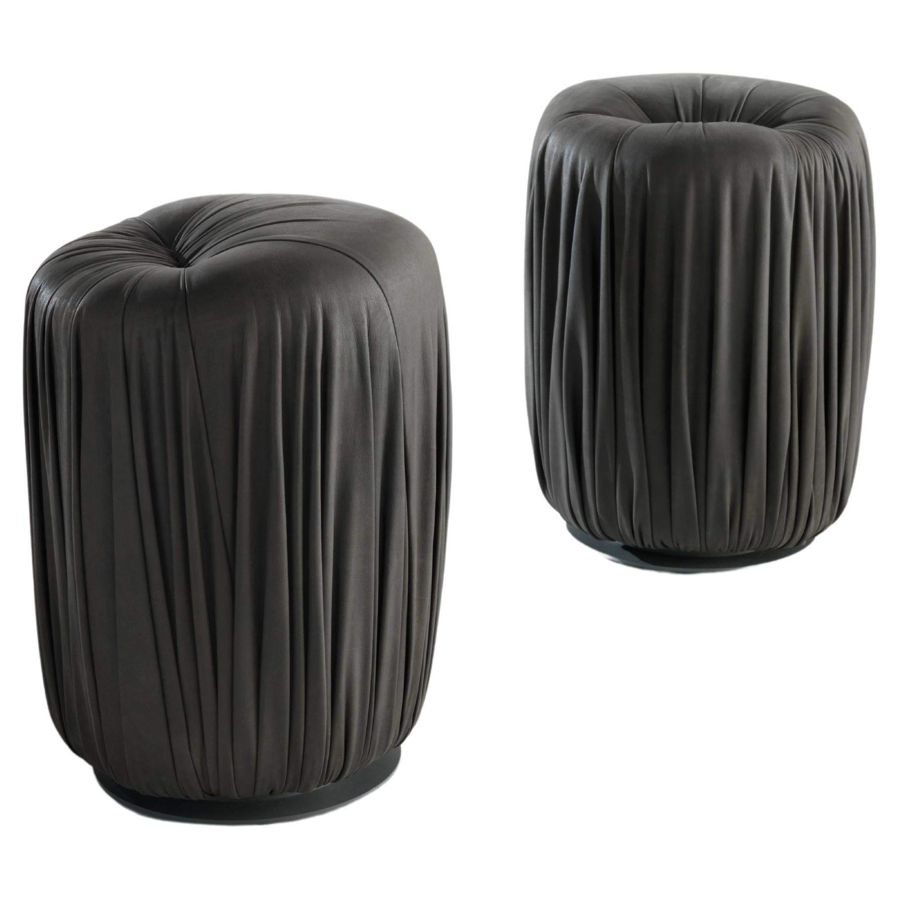 Laurameroni "Drapè" Custom Pouf in Hand-Pleated Leather or Velvet For Sale