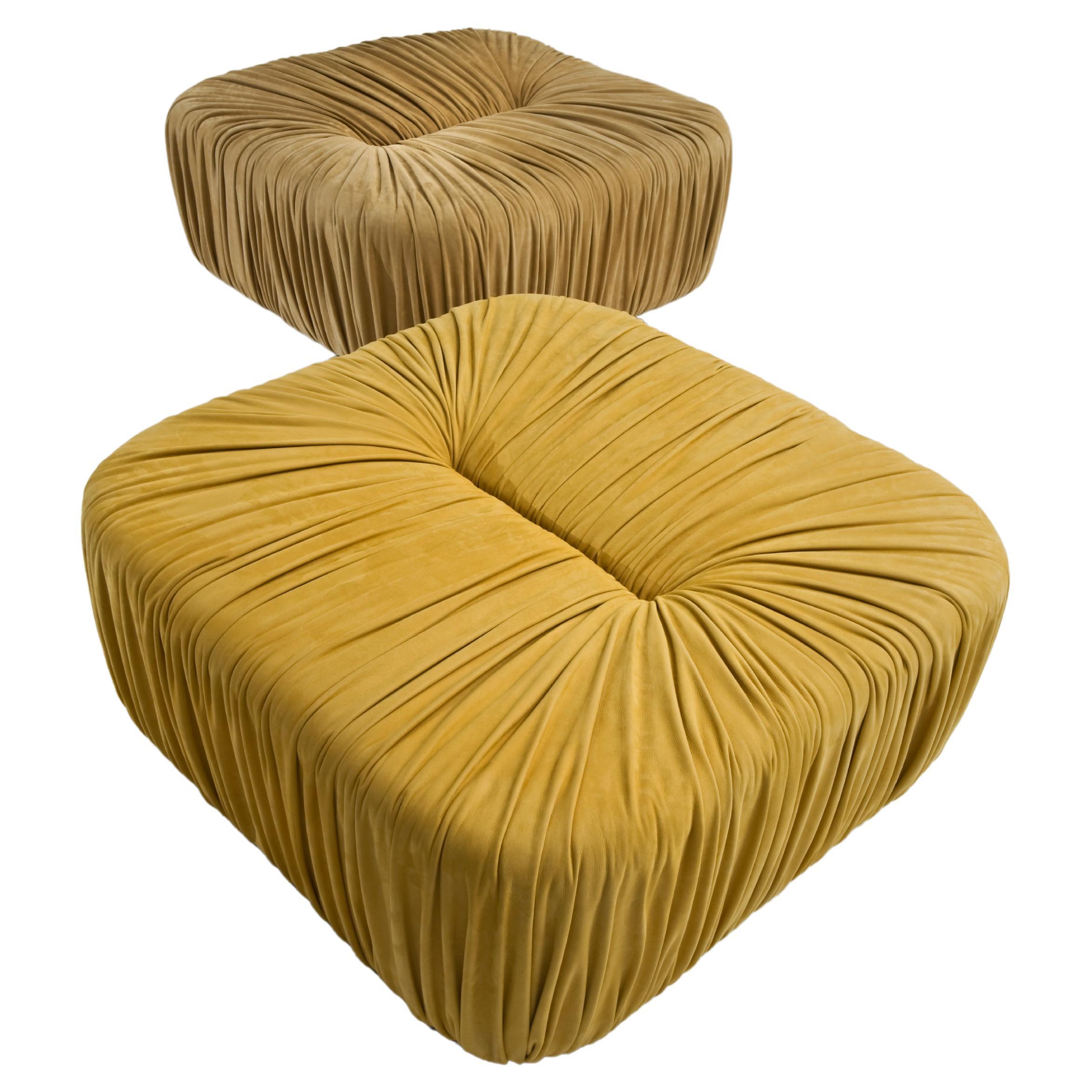 Laurameroni "Drapè" Custom Pouf in Hand-Pleated Leather or Velvet For Sale