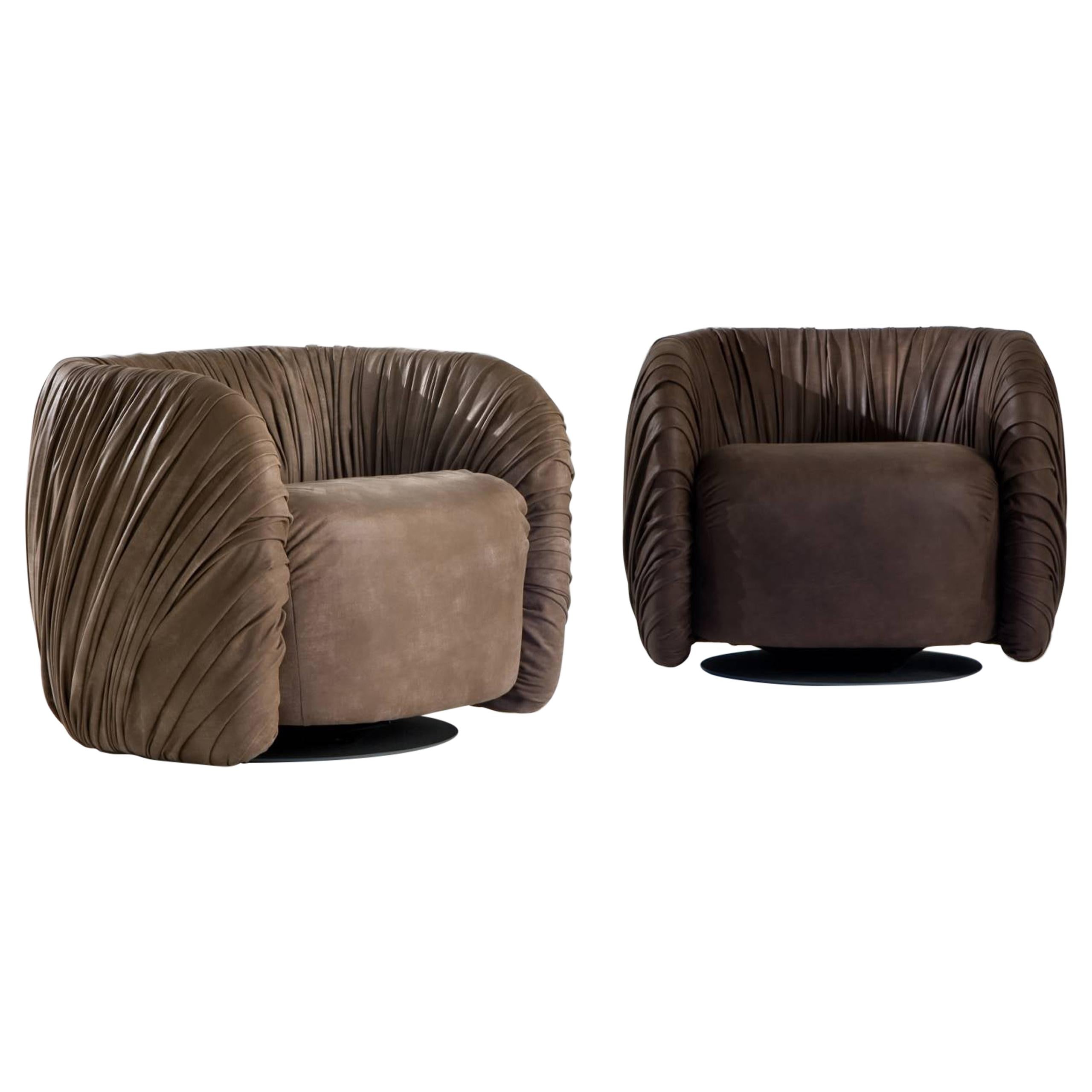 Laurameroni "Drapè Lounge" Modern Swivel Armchair in Hand-Pleated Leather For Sale