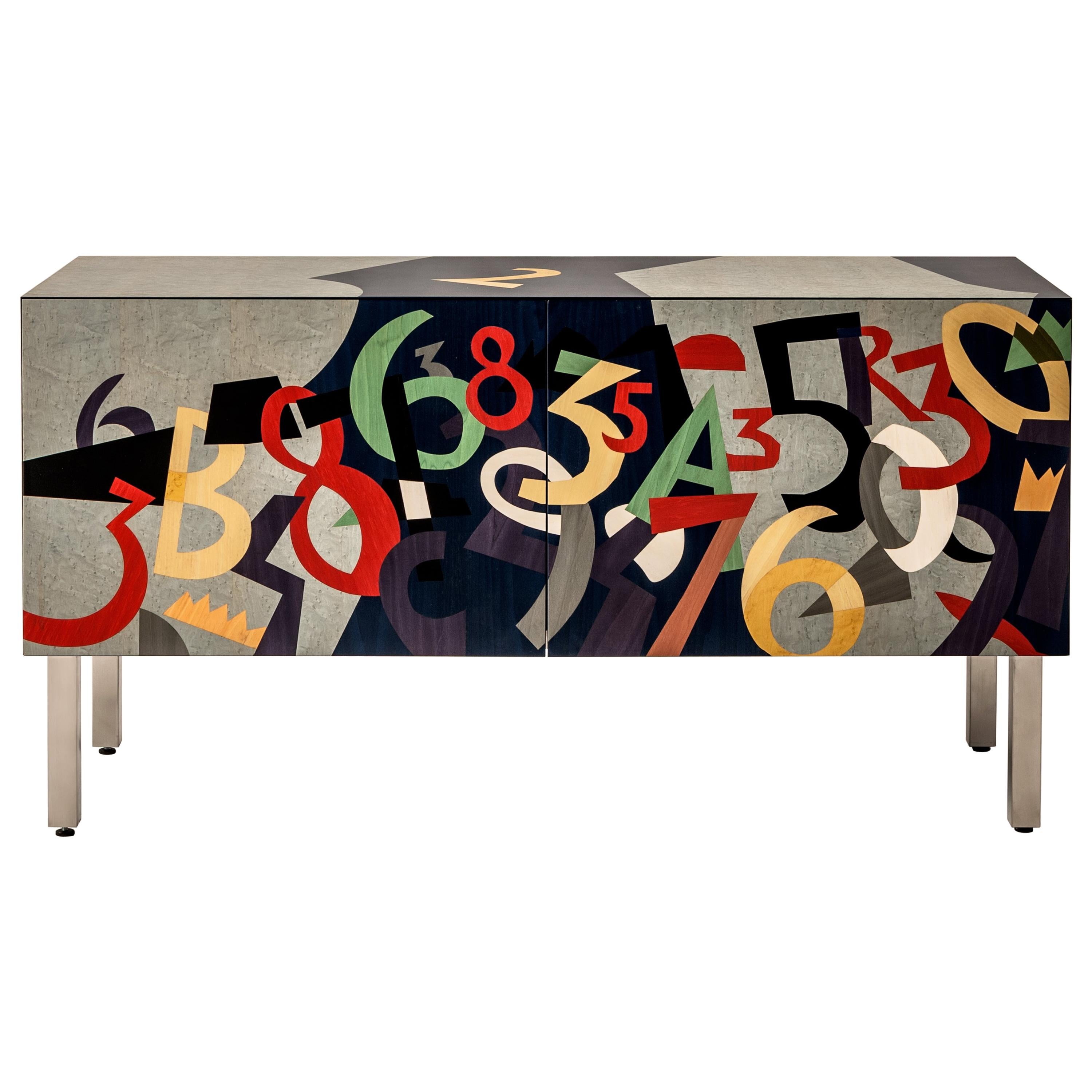 Laurameroni „Numeri“ Sideboard mit Intarsien von Ugo Nespolo, limitierte Auflage im Angebot