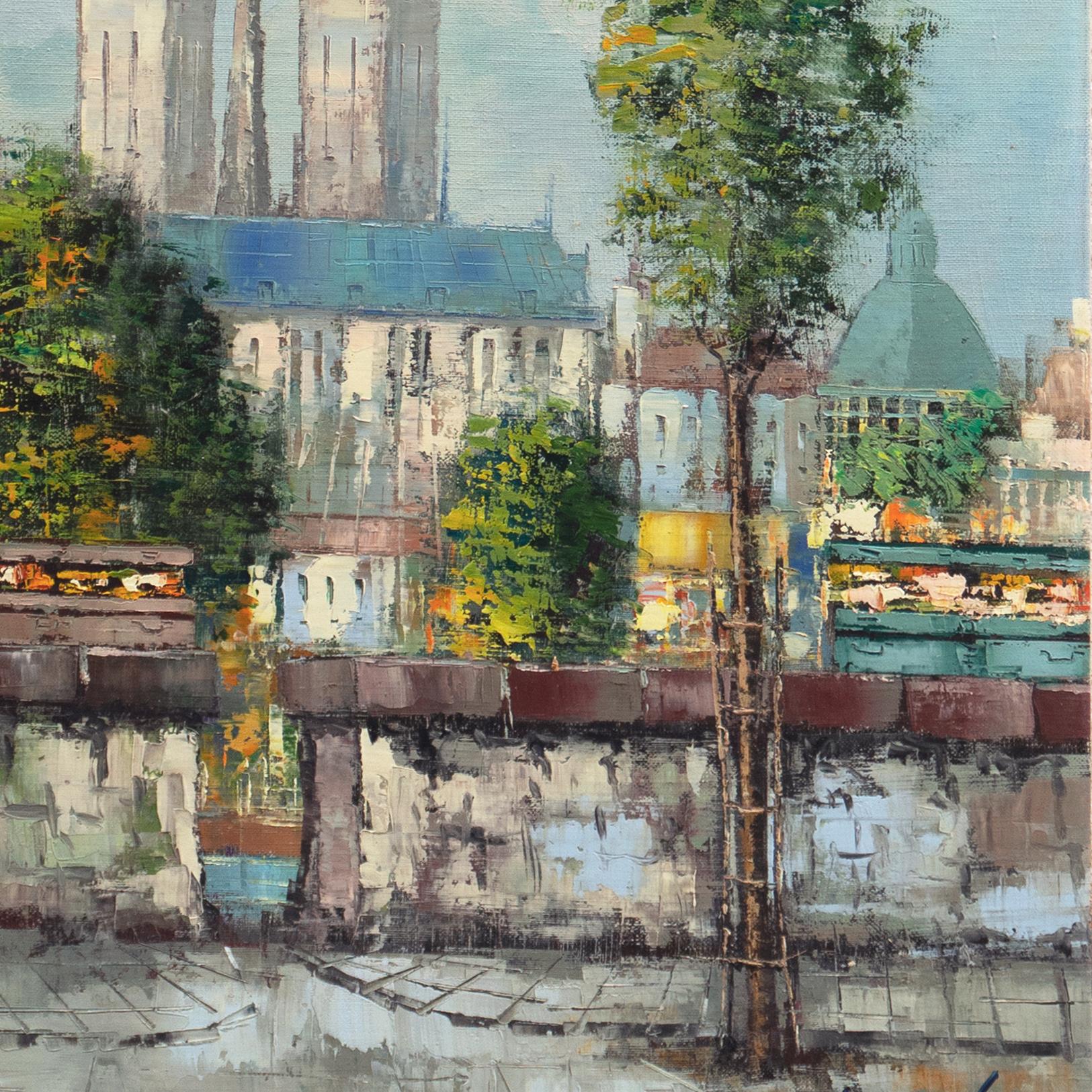A late 20th-century, modernist view of Paris showing the Île de la Cité and Notre-Dame de Paris viewed from the Left Bank and with fresh spring foliage on the trees by the Seine. Influenced by the Expressionist style of Bernard Buffet. Signed, lower