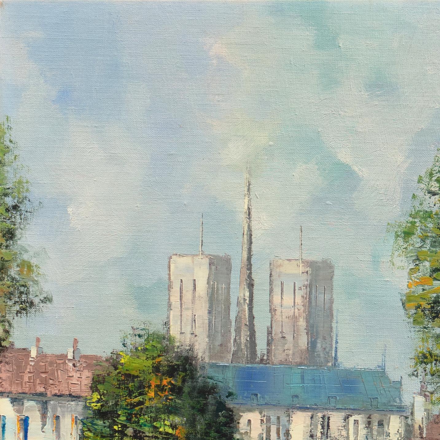 A late 20th-century, modernist view of Paris showing the Île de la Cité and Notre-Dame de Paris viewed from the Left Bank and with fresh spring foliage on the trees by the Seine. Influenced by the Expressionist style of Bernard Buffet. Signed, lower
