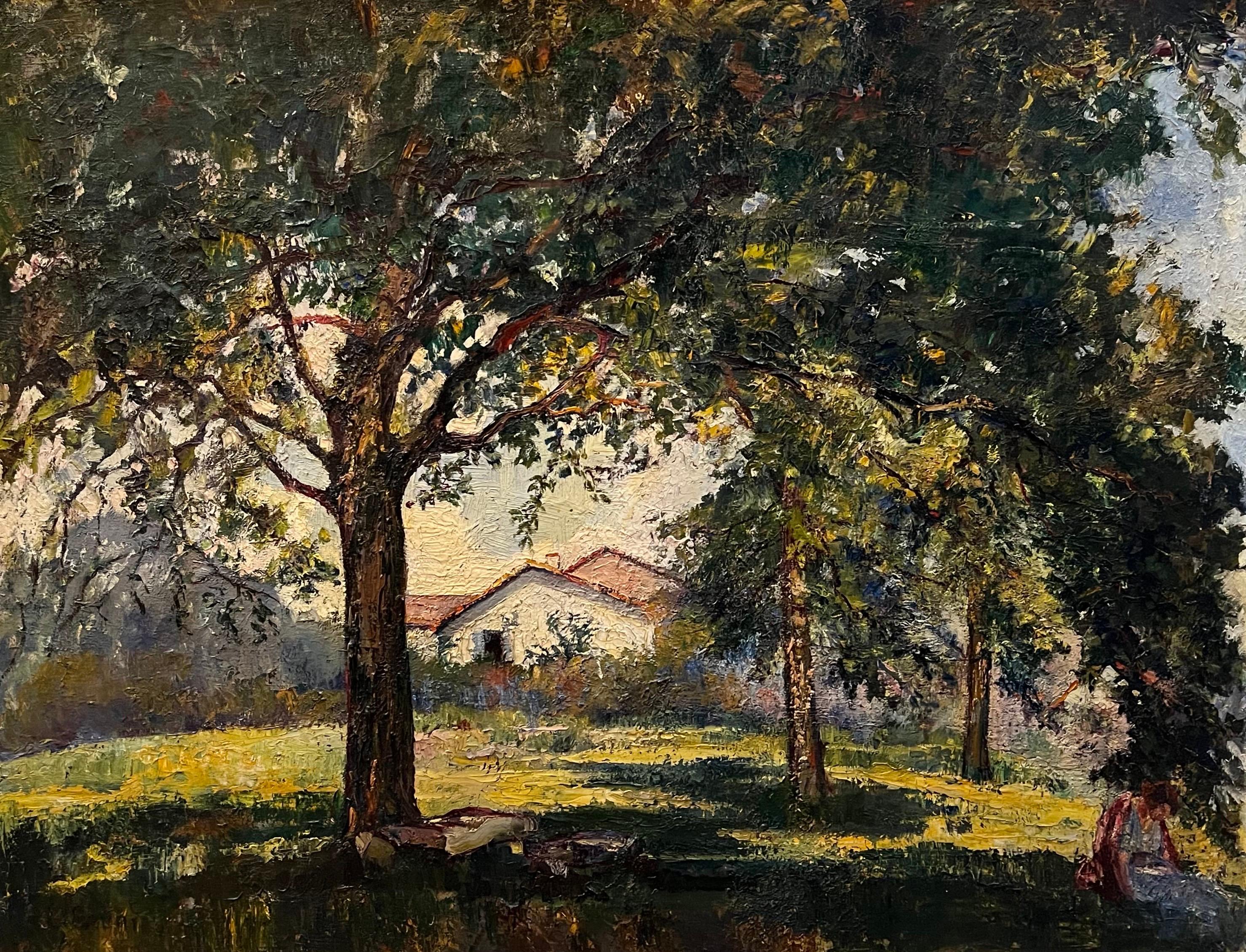 Landscape Painting di Laure Bruni - "Sotto l'ombra dell'albero" di Laure Stella Bruni - Olio su tela - 89x116 cm
