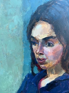 1950's Mid Century modern English oil portrait of a woman seated in an interior
