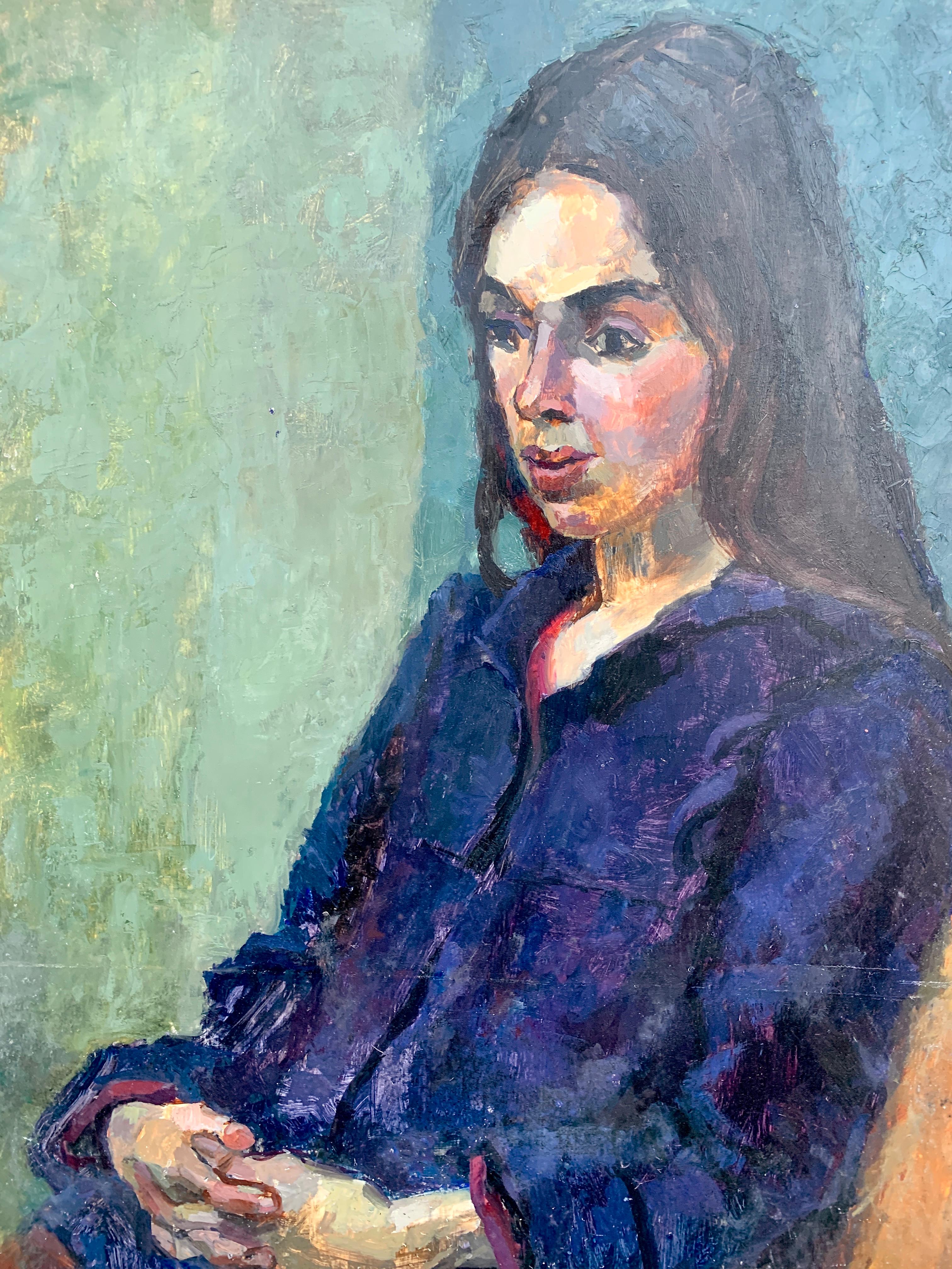 Englisches Ölporträt einer sitzenden Frau in einem Innenraum, Mid-Century Modern, 1950er Jahre (Abstrakter Impressionismus), Painting, von Laure Jessop