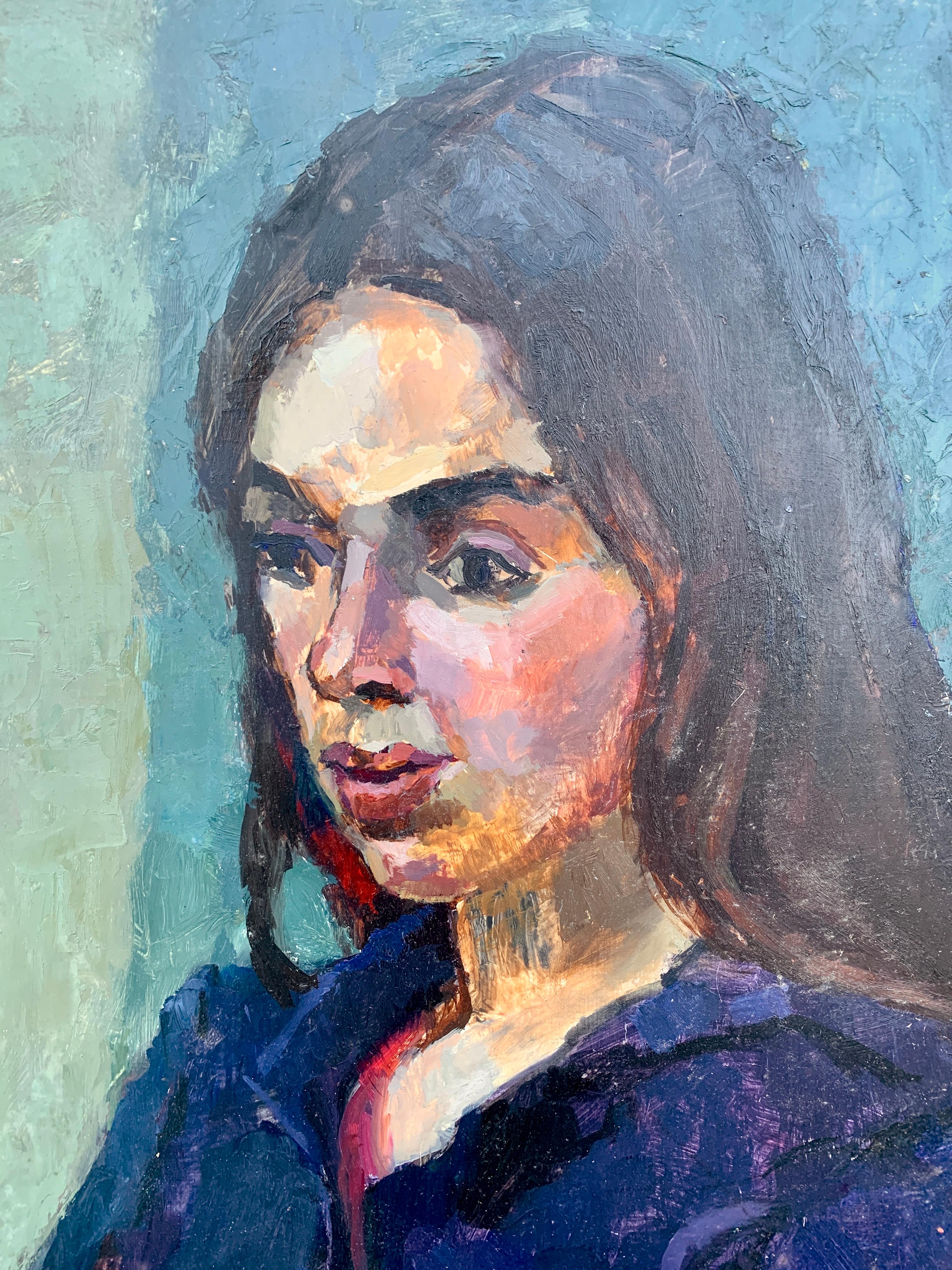 Englisches Ölporträt einer sitzenden Frau in einem Innenraum, Mid-Century Modern, 1950er Jahre (Grau), Portrait Painting, von Laure Jessop